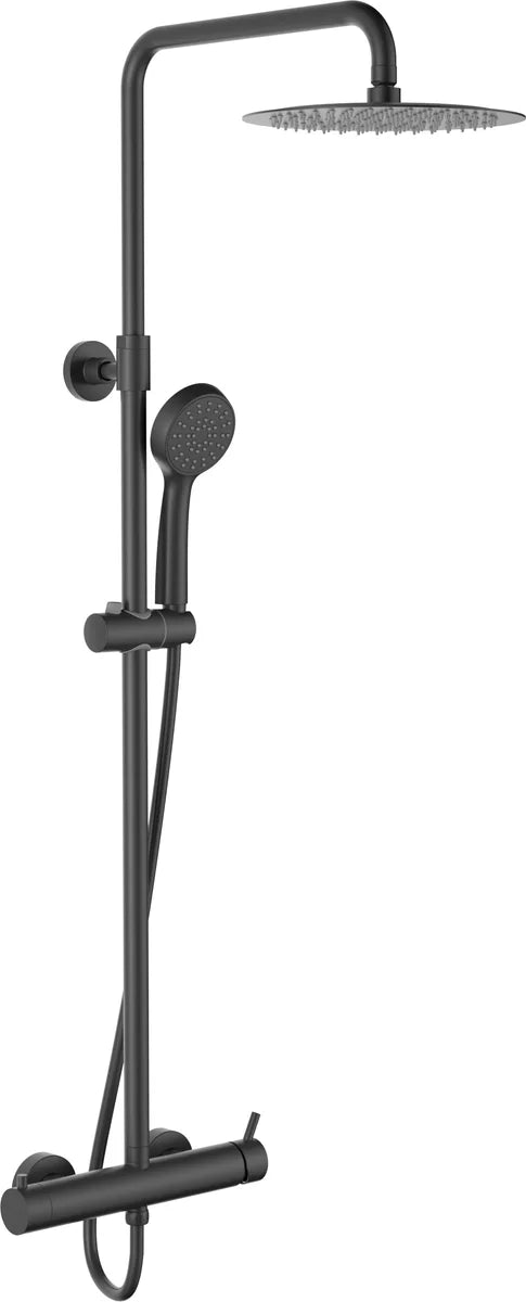 Columna de grifería para ducha monomando Stillo Trevi negro rociador mural 2 vías Ø250mm maneral de 3 funciones
