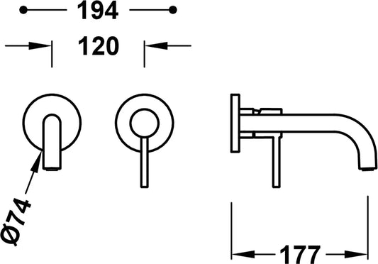 Parte exterior grifería empotrada mezclador lavabo mural Tres Study Exclusive 26230021KMB 2 agujeros 1 vía negro/bronce caño 177mm