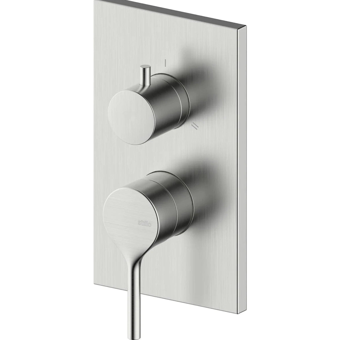 Conjunto mezclador monomando empotrado Stillo Hades acabado acero inoxidable con placa cuadrada y selector de 3 vías diseño moderno premium