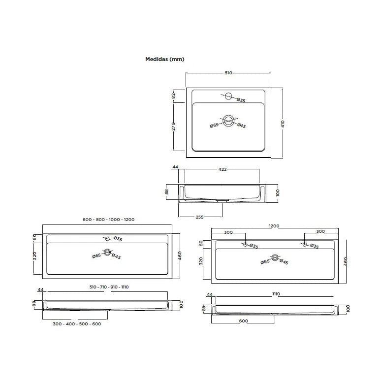 Lavabo rectangular Stillo Nival Plus 600x460mm sobre encimera blanco con faldón seno centrado