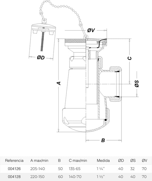 Sifón botella horizontal Jimten lavabo 1 1/2" cromo Ø70mm con válvula desagüe R-54L