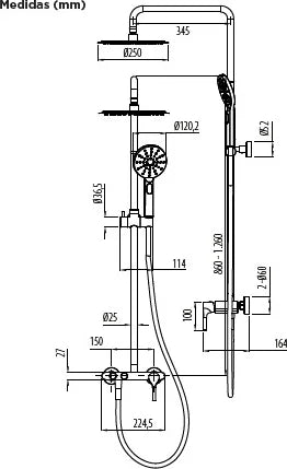 Columna de grifería para ducha monomando Stillo Hades apariencia acero inoxidable rociador mural 2 vías Ø250mm maneral de 3 funciones moleteado