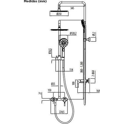 Columna de grifería para ducha monomando Stillo Hades cromo rociador mural 2 vías Ø250mm maneral de 3 funciones moleteado
