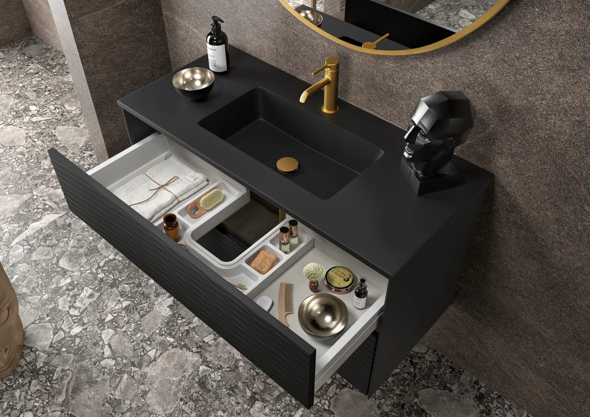 Lavabo rectangular Stillo Slim Spring 1000x460mm encimera negro mate seno centrado