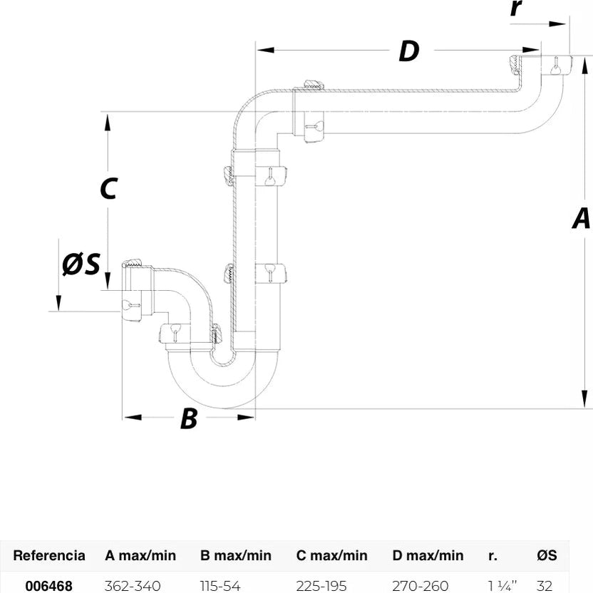 Sifón curvo desplazado para lavabo o bidet en acabado cromado brillante modelo Jimten S-312 de 1 1/4 pulgadas