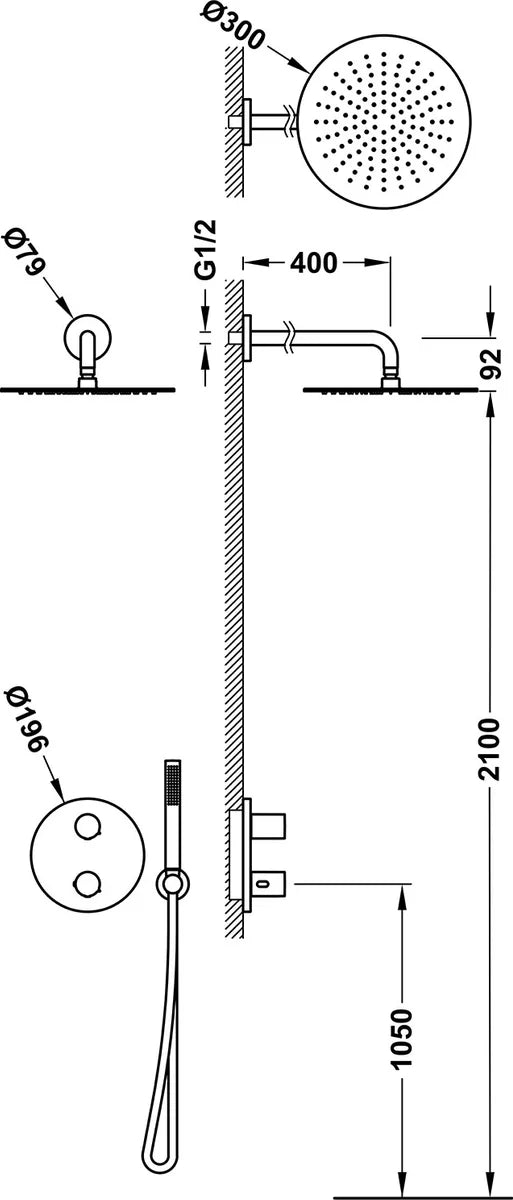 Columna de grifería para ducha empotrada termostático Tres Therm-Box acero rociador mural 2 vías Ø300mm