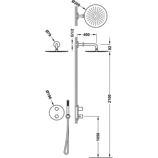 Columna de grifería para ducha empotrada termostático Tres Therm-Box acero rociador mural 2 vías Ø300mm