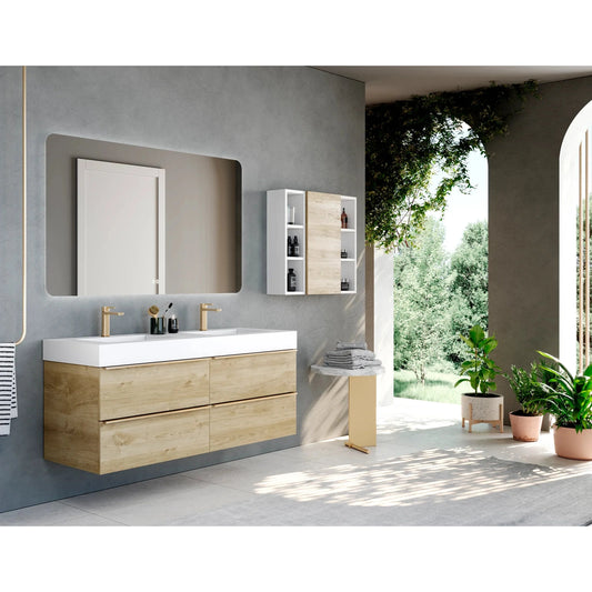 Lavabo rectangular Stillo Nival 1400x460mm encimera/mural blanco mate con faldón dos orificios