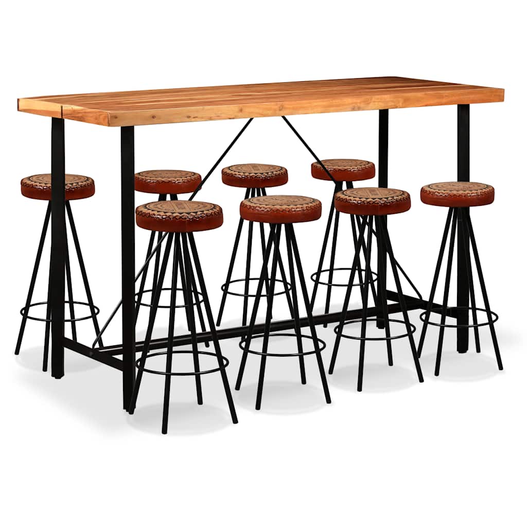 Mesa Y Taburetes Bar Madera Maciza Acacia Cuero Real Y Lona