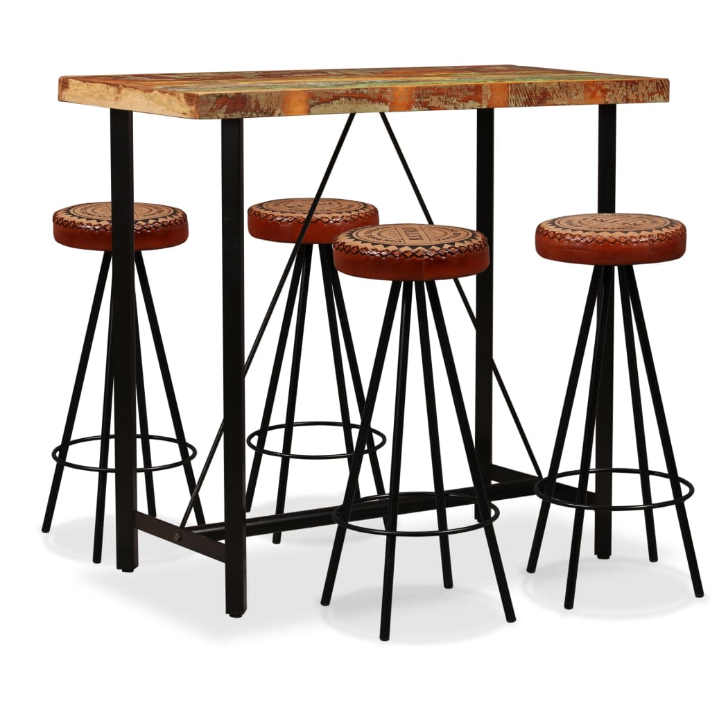 Mesa Y 2 Taburetes Bar Madera Maciza Reciclada Cuero Real Lona