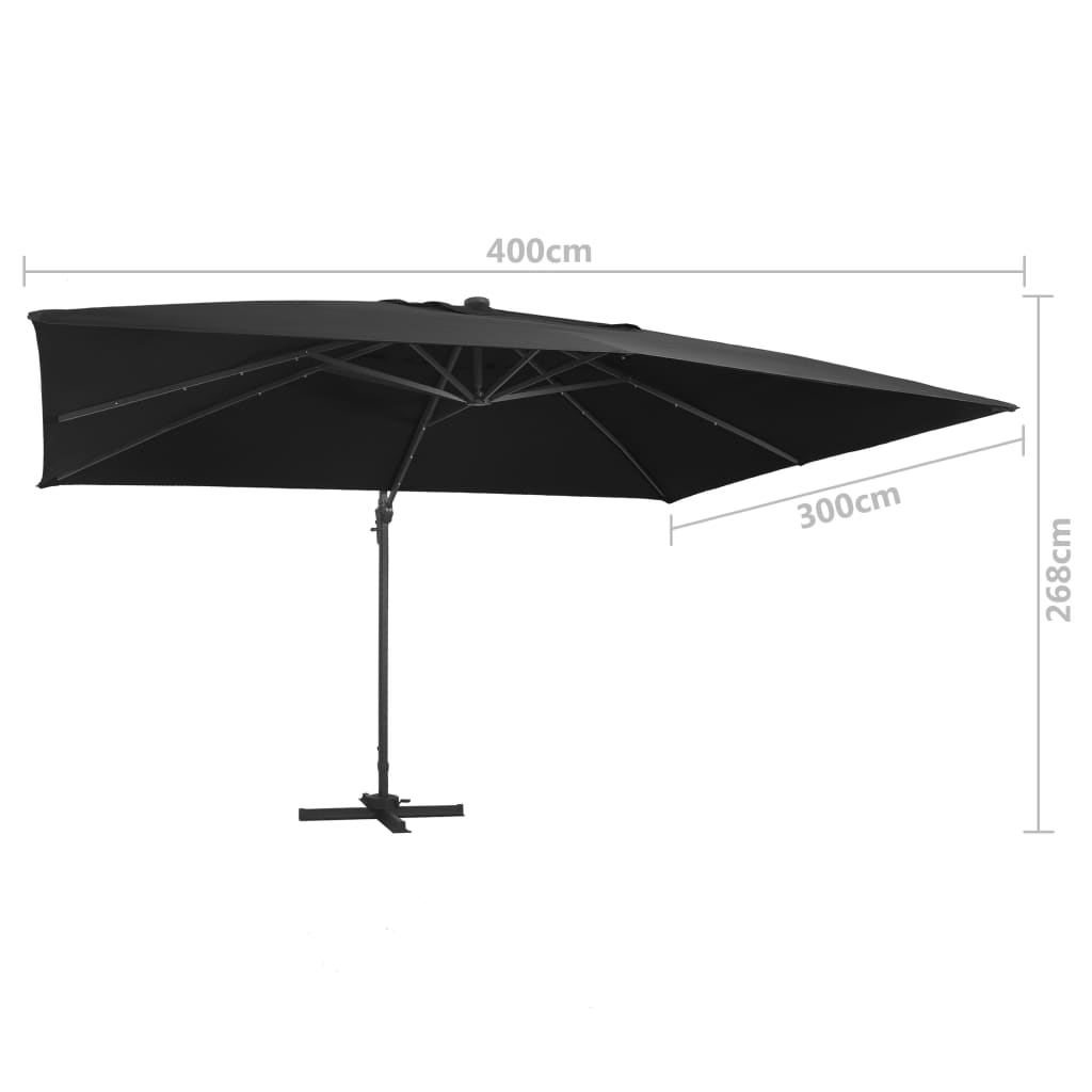 Sombrilla Voladiza Luces Led Y Poste Aluminio Negra 400X300 Cm