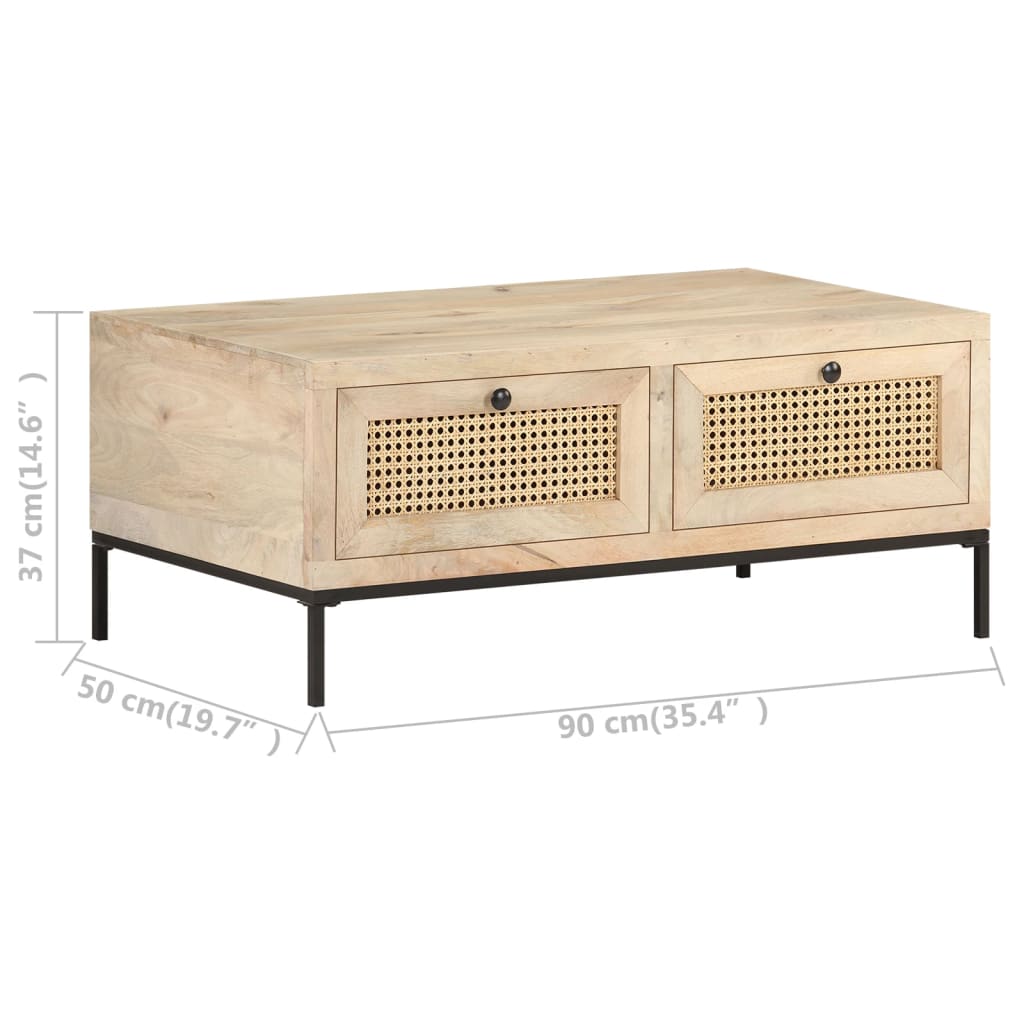 Mesa De Centro Madera Maciza Mango Y Caña Natural 90X50X37 Cm