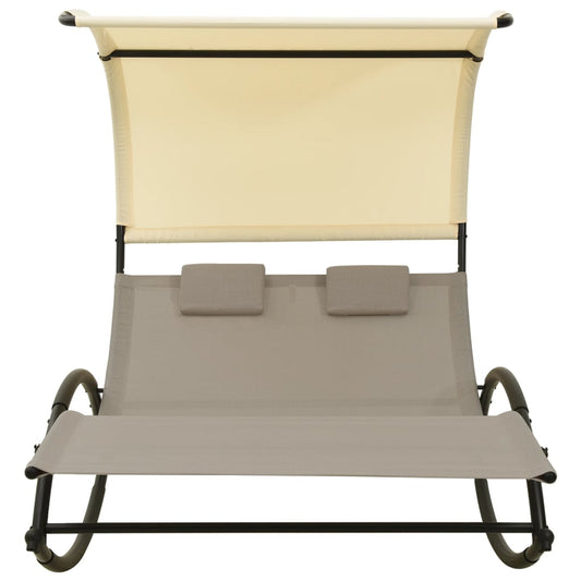 Tumbona Doble Con Toldo Textilene Color Gris Taupe Y Crema