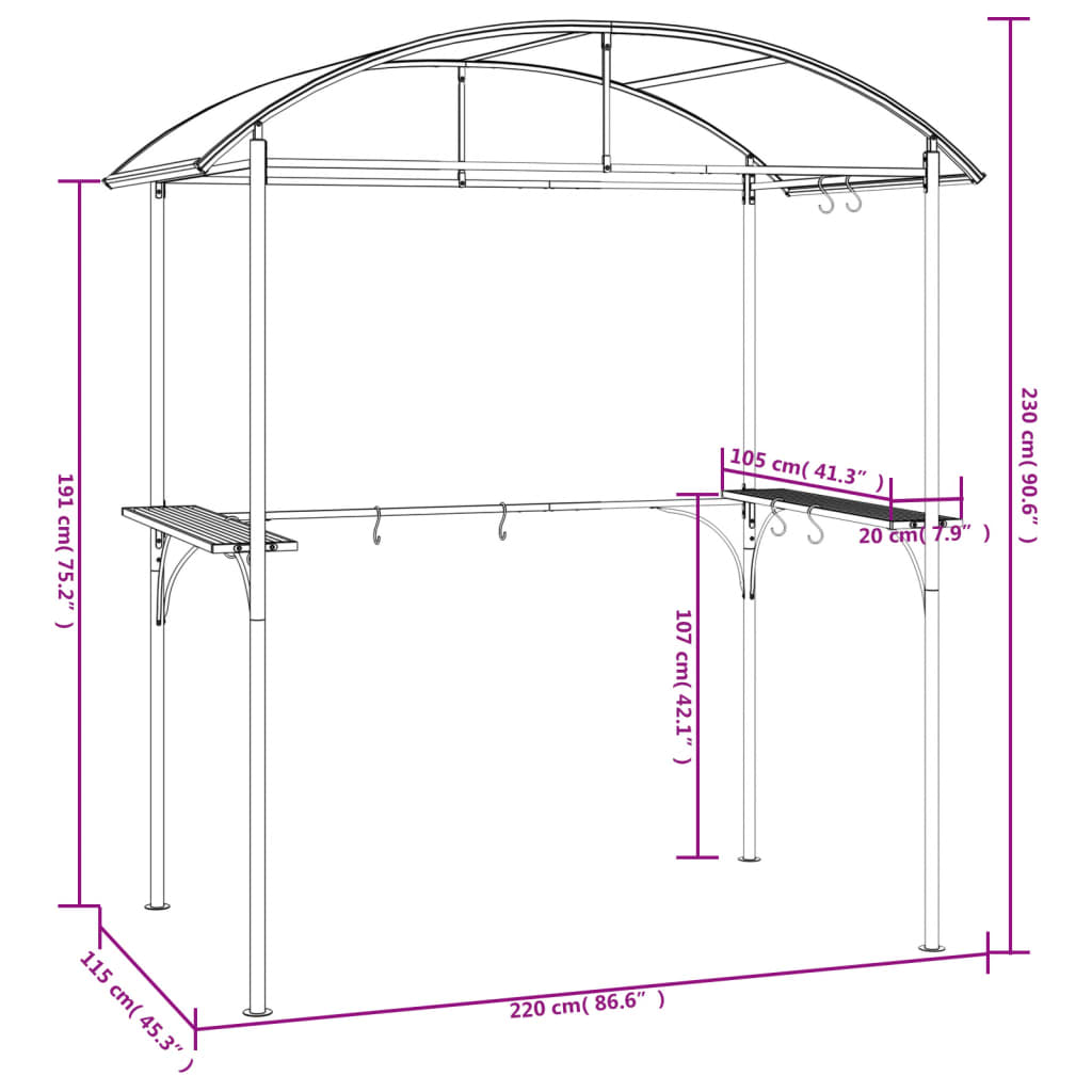 Cenador Barbacoa Estante Lateral Acero Antracita 220X115X230 Cm