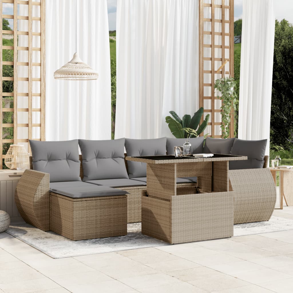 Set Sofás De Jardín 7 Piezas Y Cojines Ratán Sintético Beige