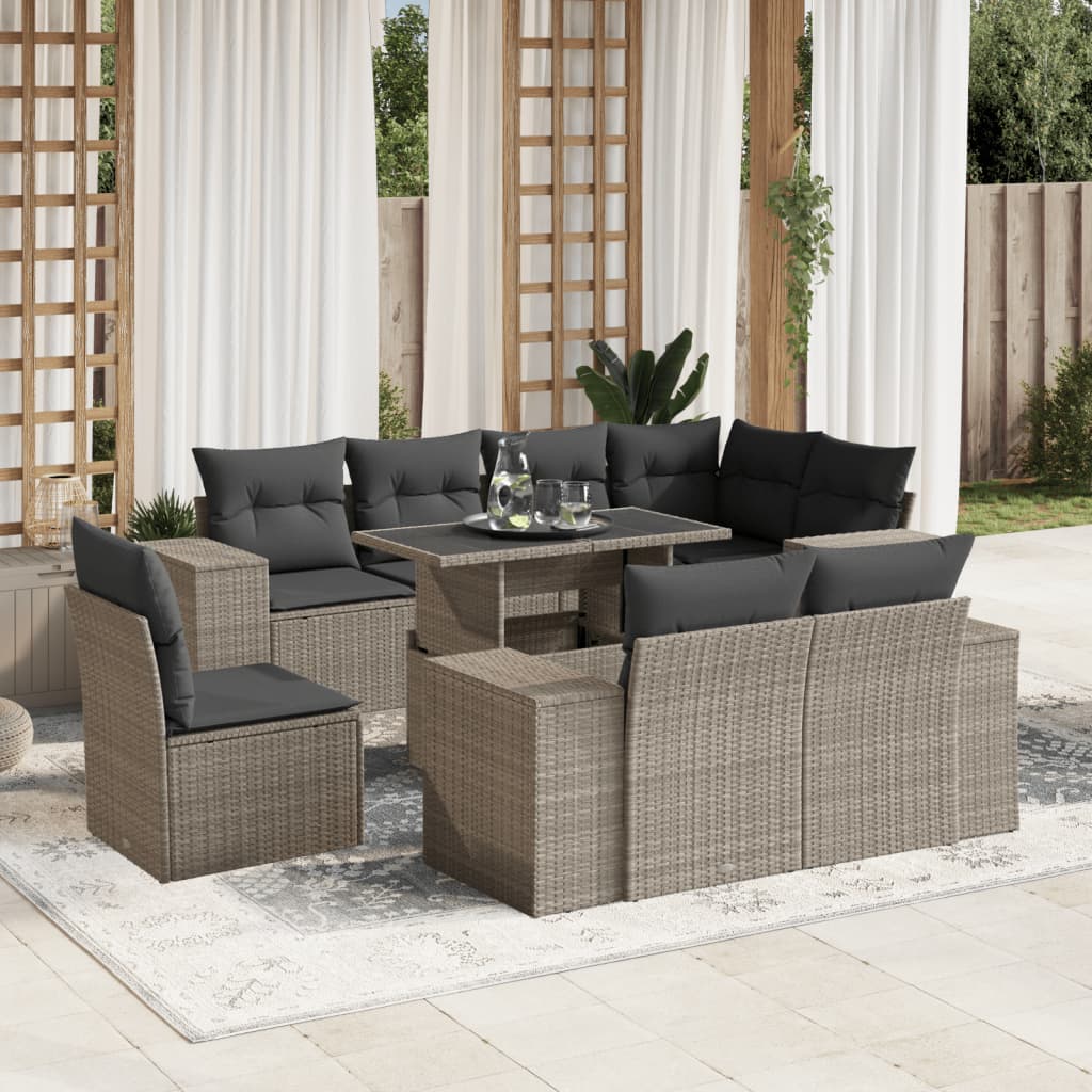 Set De Sofás De Jardín 9 Pzas Y Cojines Ratán Sintético Marrón