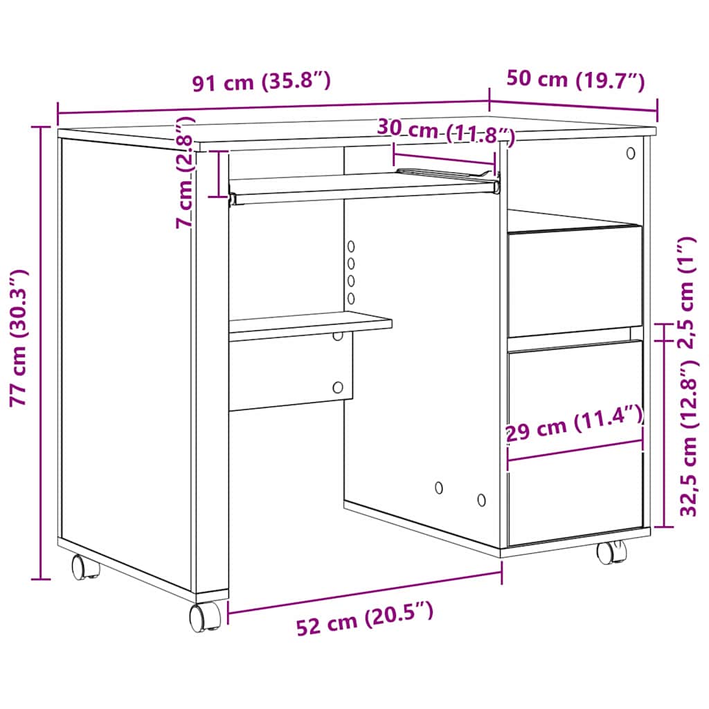 Escritorio Con Ruedas 91 X 50 X 77 Cm Madera De Ingeniería
