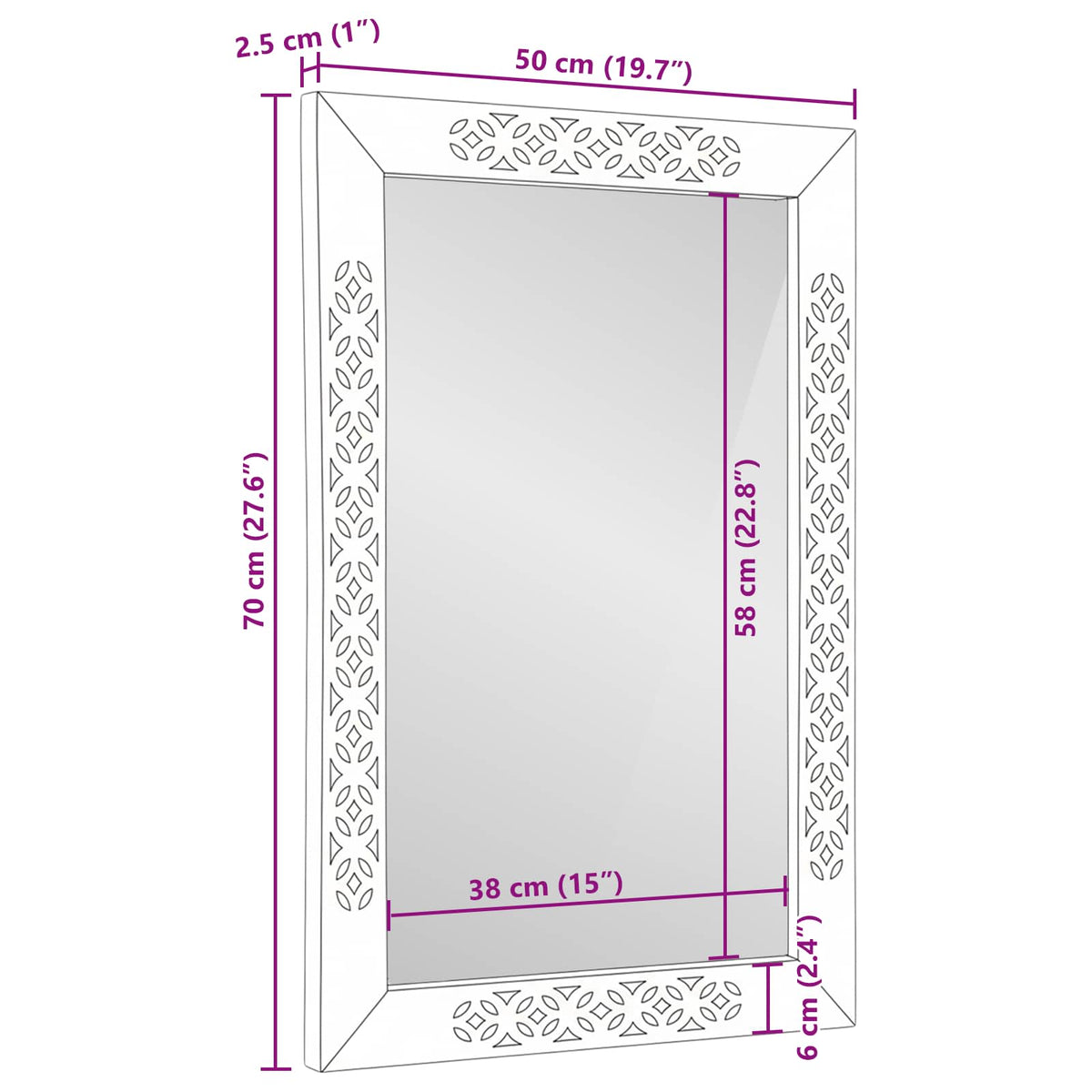 Espejo De Pared Blanco Blanqueado 70 X 50 Cm Rectangular
