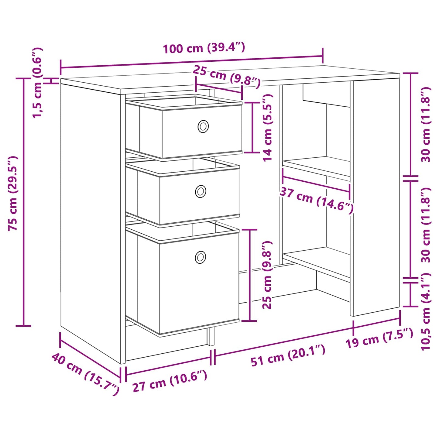 Escritorio Con Cajón 100 X 40 X 75 Cm Madera De Ingeniería