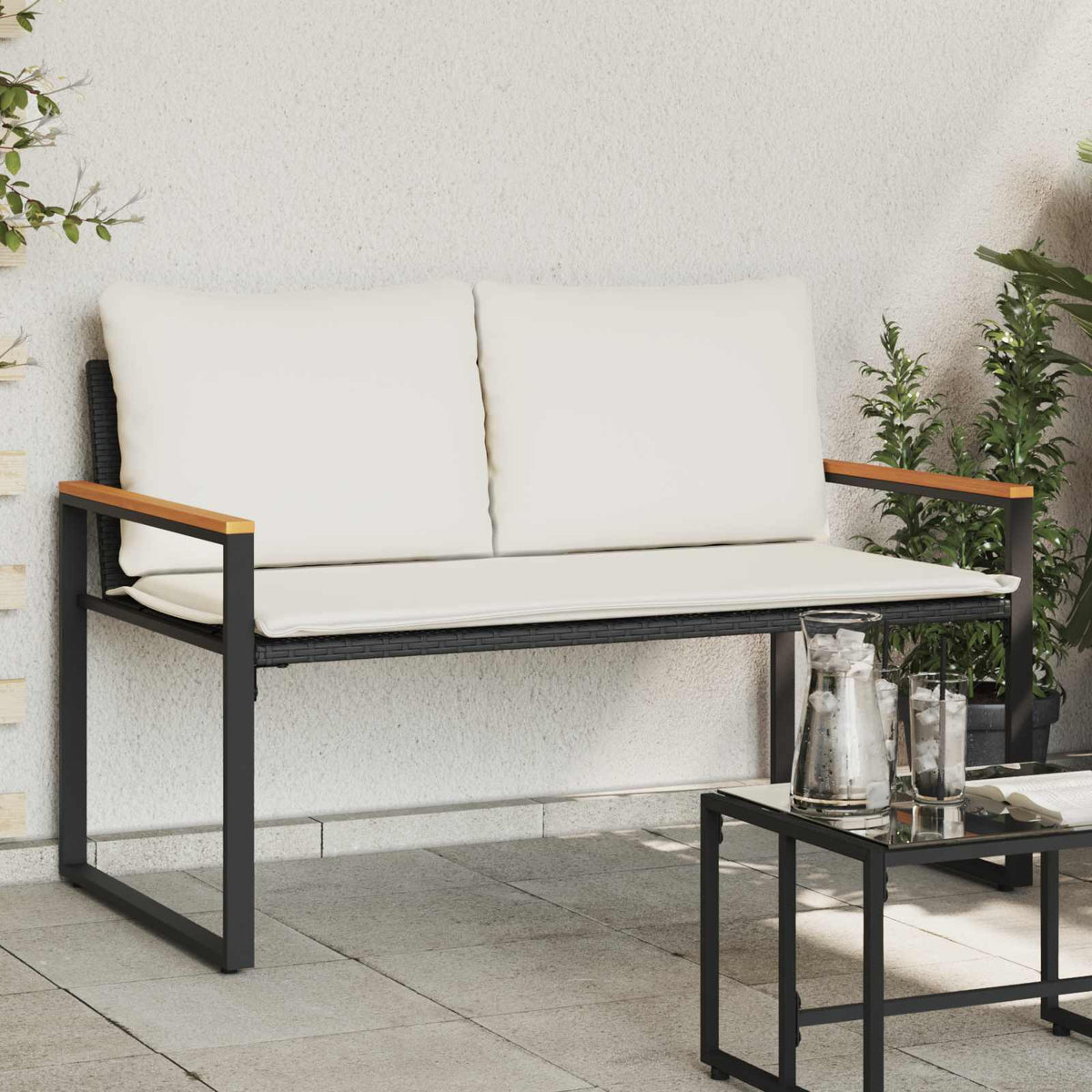 Banco Con Cojín Beige Y Crema 115 X 65 X 72 Cm Ratán