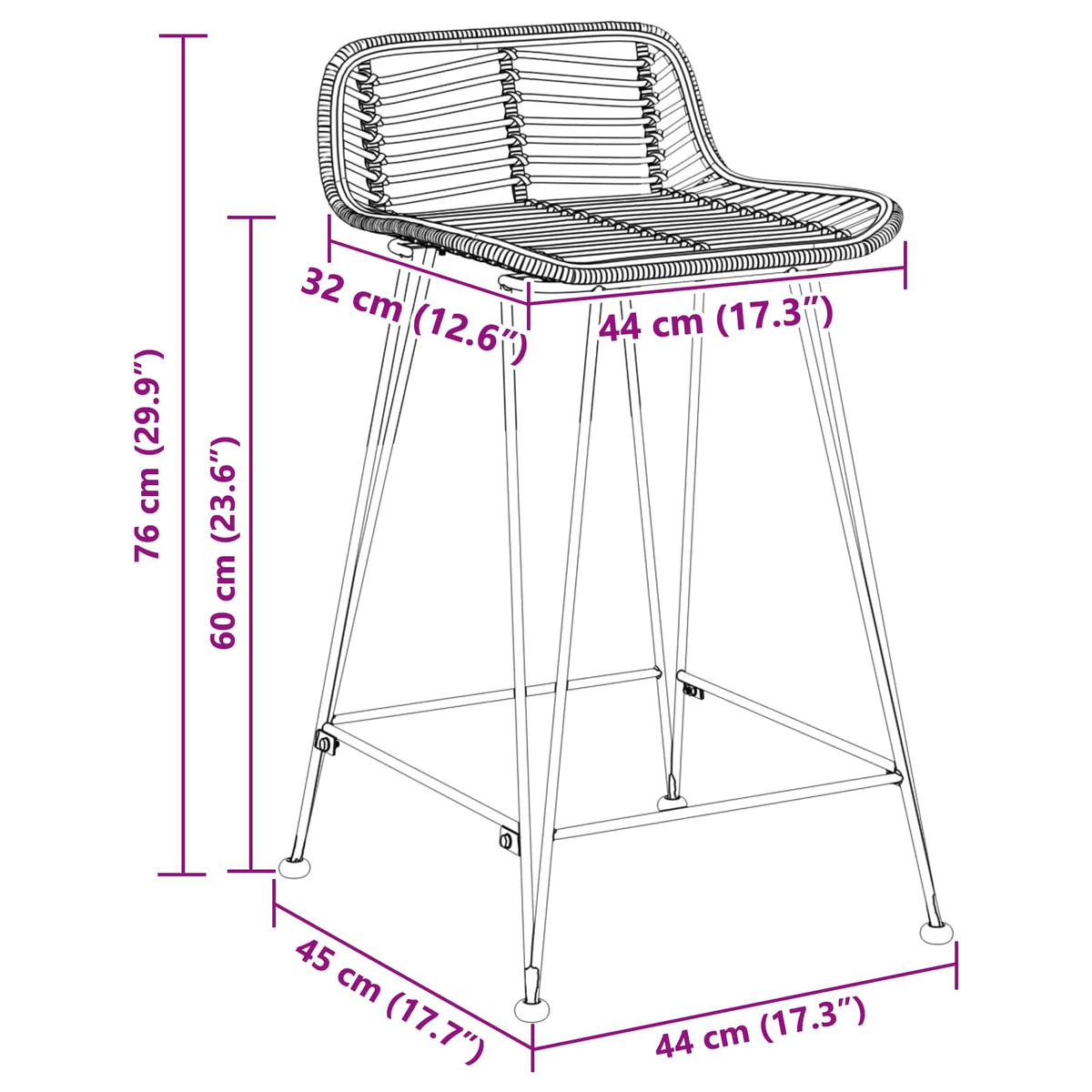 Taburete De Bar 2 Uds. 44 X 45 X 76 Cm Ratán Y Acero