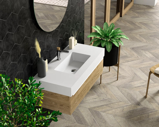 Lavabo rectangular Stillo Nival 1400x460mm encimera/mural blanco mate con faldón seno centrado