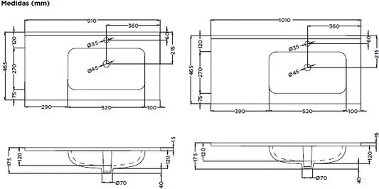 Lavabo rectangular Stillo New Morning asimétrico derecha 900x460mm encimera con rebosadero blanco composición módulo 200mm + módulo 700mm seno derecha