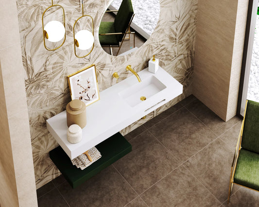 Lavabo rectangular Stillo Nival 1000x460mm encimera/mural blanco mate con faldón seno derecha