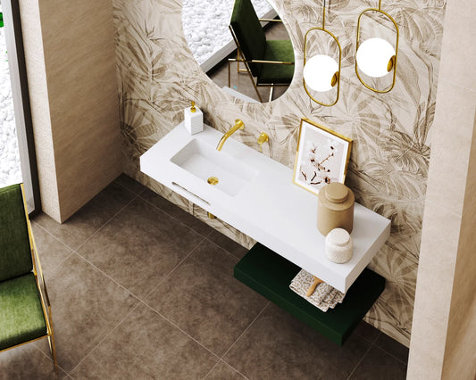 Lavabo rectangular Stillo Nival 1000x460mm encimera/mural blanco mate con faldón seno izquierda