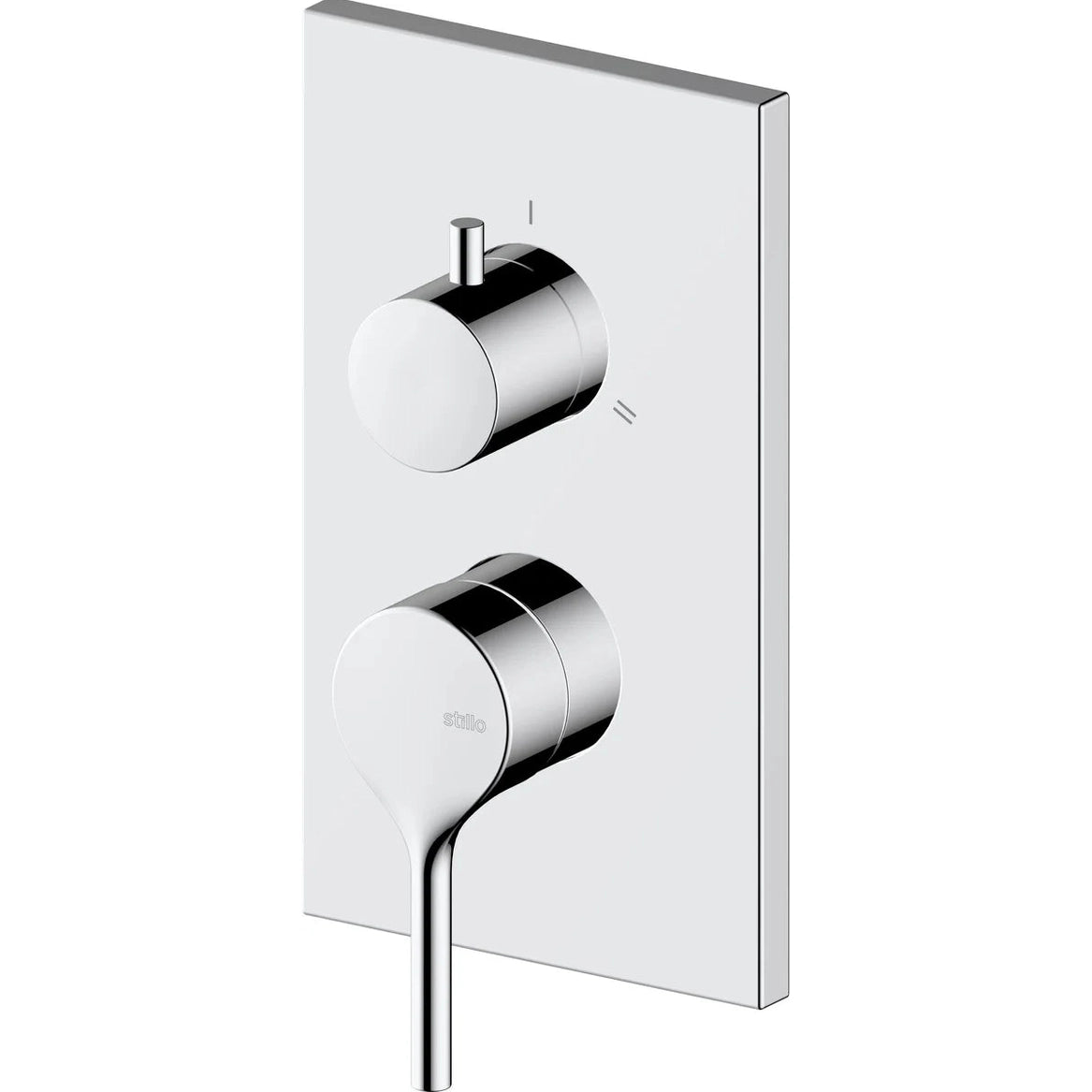 Conjunto mezclador monomando empotrado Stillo Hades acabado cromo con placa cuadrada y selector de 3 vías diseño minimalista contemporáneo