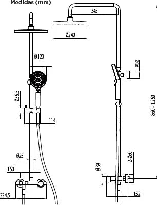 Columna de grifería para ducha termostático Stillo Hades oro rociador mural 2 vías Ø250mm maneral de 3 funciones moleteado, con repisa