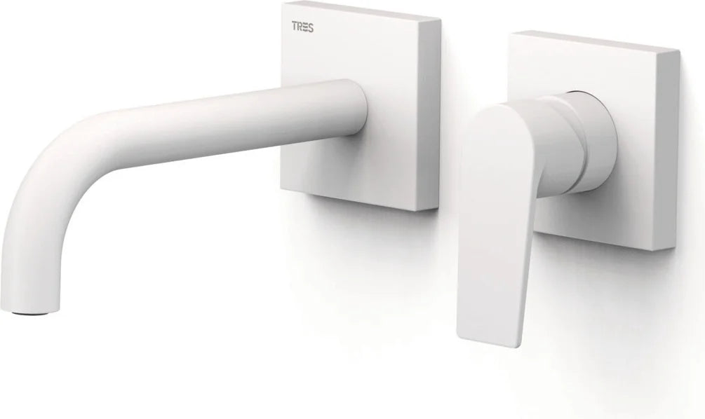 Parte exterior grifería empotrada mezclador lavabo mural Tres Project-Tres 21130021BM 2 agujeros 1 vía blanco mate caño 180mm