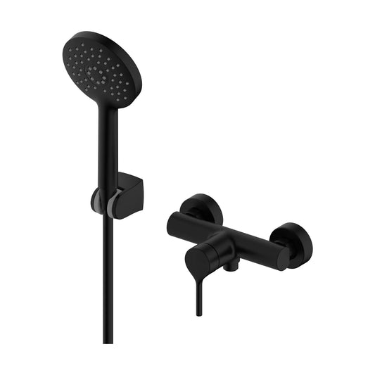 Grifería monomando de ducha Stillo Hades acabado negro mate con mando circular tipo volante incluye flexo y ducha de mano diseño vanguardista