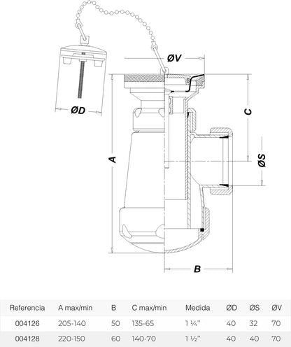 Sifón botella horizontal Jimten lavabo 1 1/2" cromo Ø70mm con válvula desagüe R-54L