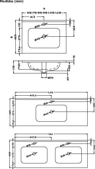 Lavabo rectangular Stillo New Morning 1200x460mm encimera con rebosadero blanco seno centrado