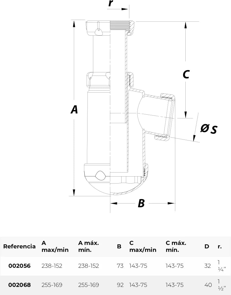 Sifón botella lateral Jimten lavabo/bidet 1 1/4" blanco Ø32mm S-29