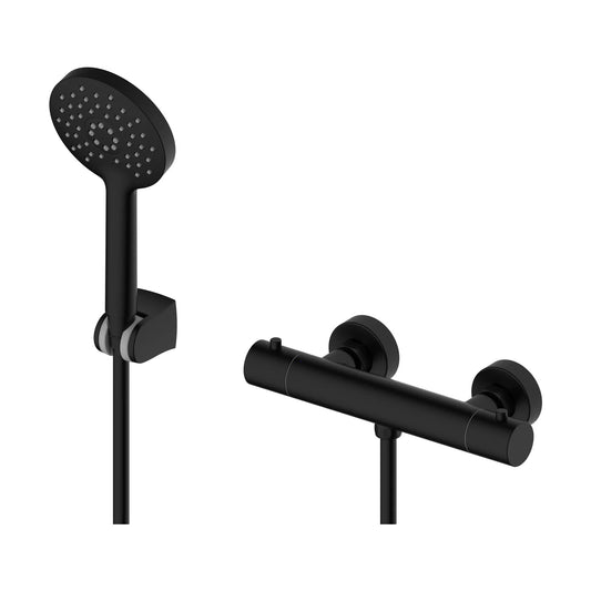 Mezclador termostático de ducha Stillo Hades negro mate con conjunto de ducha de mano diseño moderno