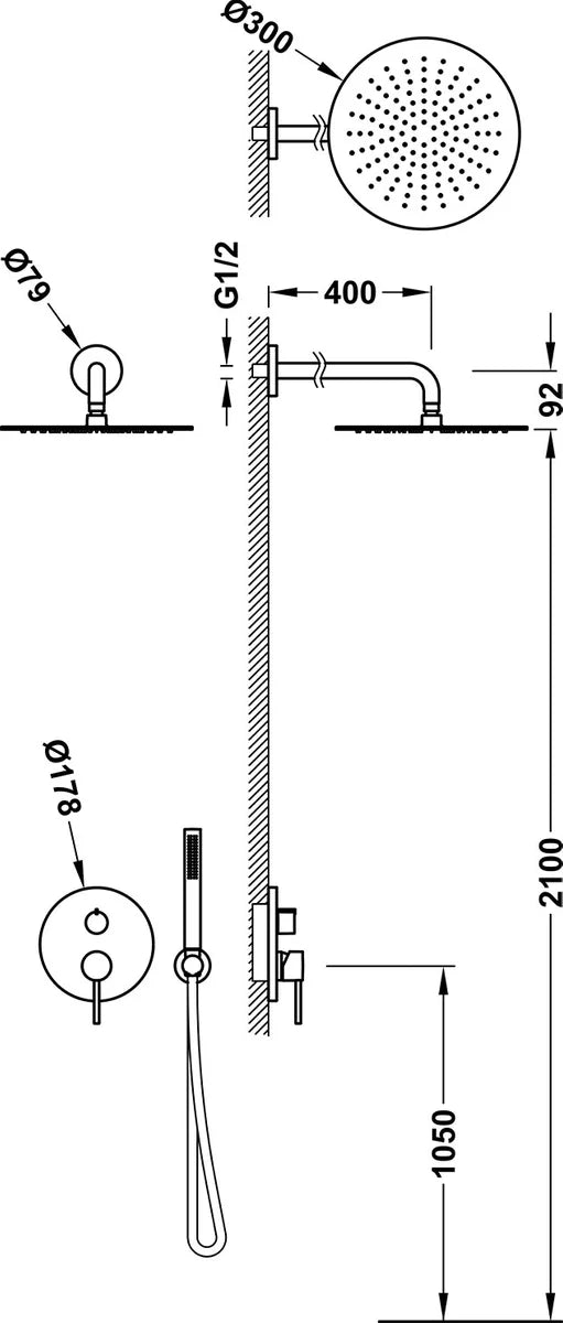 Columna de grifería para ducha empotrada monomando Tres Study negro mate rociador techo 2 vías Ø300mm