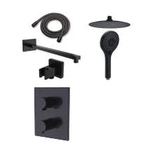 Kit de ducha termostático empotrado Stillo Box acabado negro mate con rociador redondo de 250mm y ducha de mano de 3 funciones