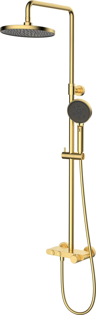 Columna de grifería para ducha termostático Stillo Hades oro rociador mural 2 vías Ø250mm maneral de 3 funciones moleteado, con repisa