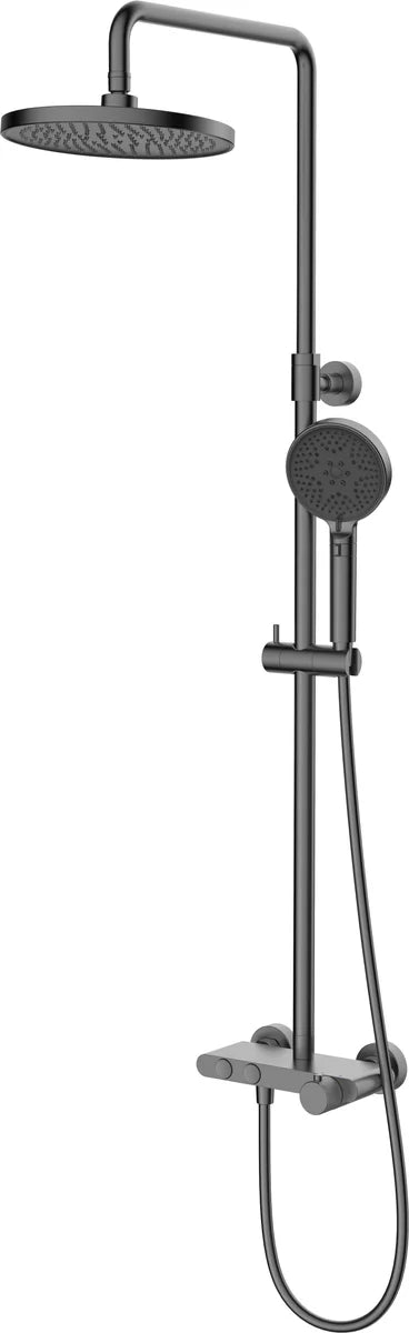 Columna de grifería para ducha termostático Stillo Hades gun metal rociador mural 2 vías Ø250mm maneral de 3 funciones moleteado, con repisa