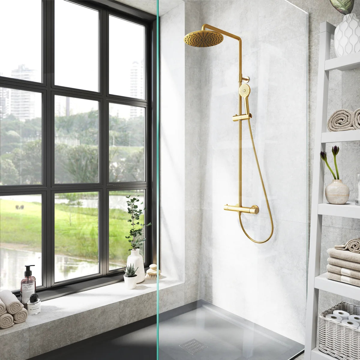 Columna de grifería para ducha termostático Stillo Hades oro rociador mural 2 vías Ø250mm maneral de 3 funciones