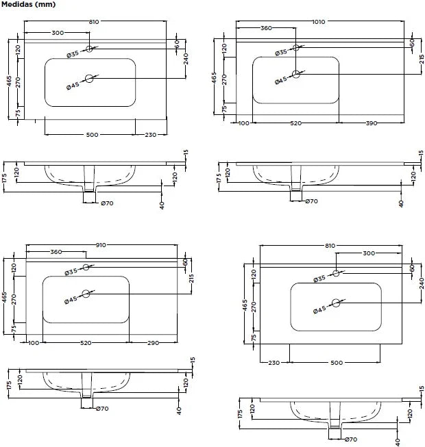 Lavabo rectangular Stillo New Morning asimétrico derecha 800x460mm encimera con rebosadero blanco composición módulo 200mm + módulo 600mm seno derecha