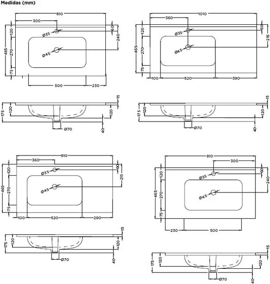 Lavabo rectangular Stillo New Morning asimétrico izquierda 900x460mm encimera con rebosadero blanco composición módulo 700mm + módulo 200mm seno izquierda