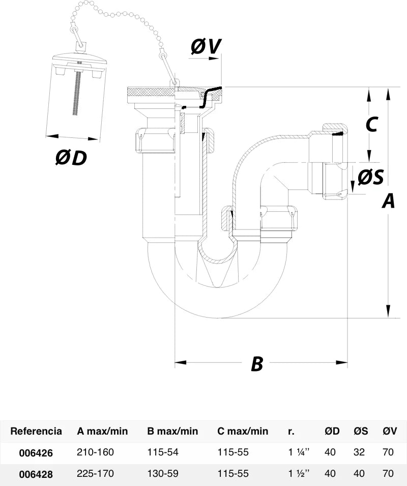 Sifón P horizontal Jimten lavabo 1 1/4" cromo Ø70mm con válvula desagüe S-206
