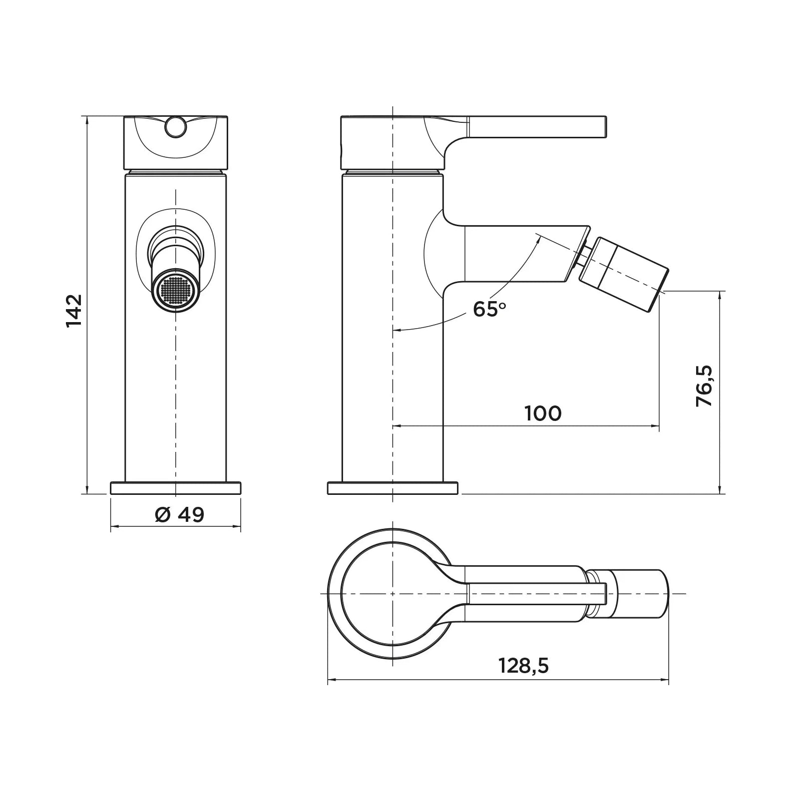 Grifo monomando para bidé Stillo Hades acabado negro mate con maneta moleteada y boquilla orientable diseño moderno industrial