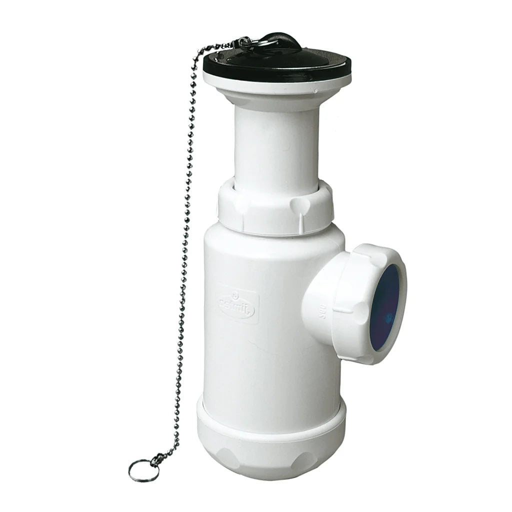 Sifón botella horizontal Jimten lavabo/bidet 1 1/4" blanco Ø63mm con válvula desagüe S-135