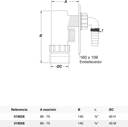 Sifón botella inferior Jimten lavadora o lavavajillas 1 1/4" blanco Ø40mm S-265