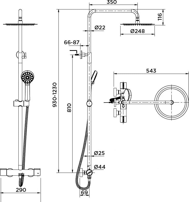 Columna de grifería para ducha termostático Stillo Hera cromo rociador mural 2 vías Ø248mm maneral de 3 funciones