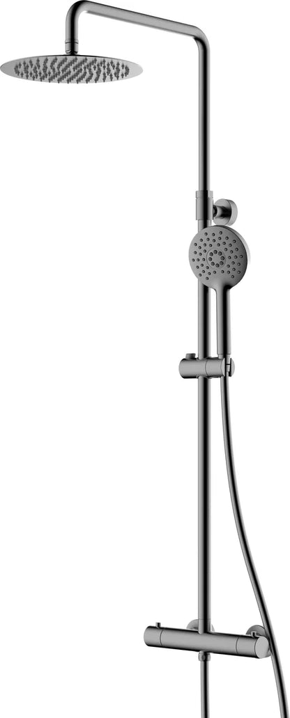 Columna de grifería para ducha termostático Stillo Hades gun metal rociador mural 2 vías Ø250mm maneral de 3 funciones